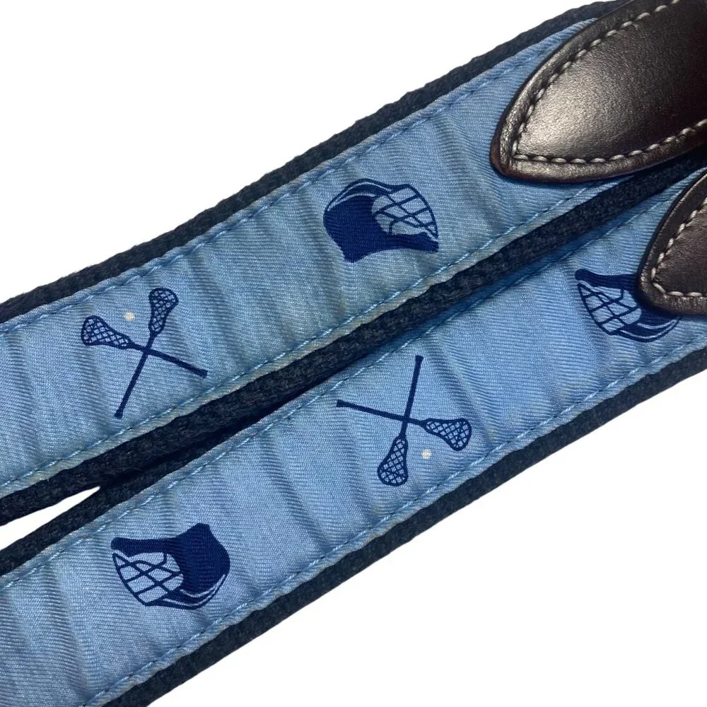 Vineyard Vines Mens Lacrosse Belt 28 Blue Brown Leather Nylon Brass Buckle